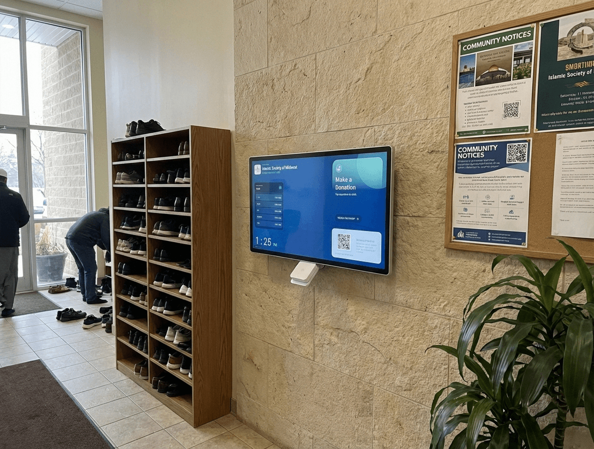 Mosque donation kiosk in a masjid hallway for tap-to-donate giving