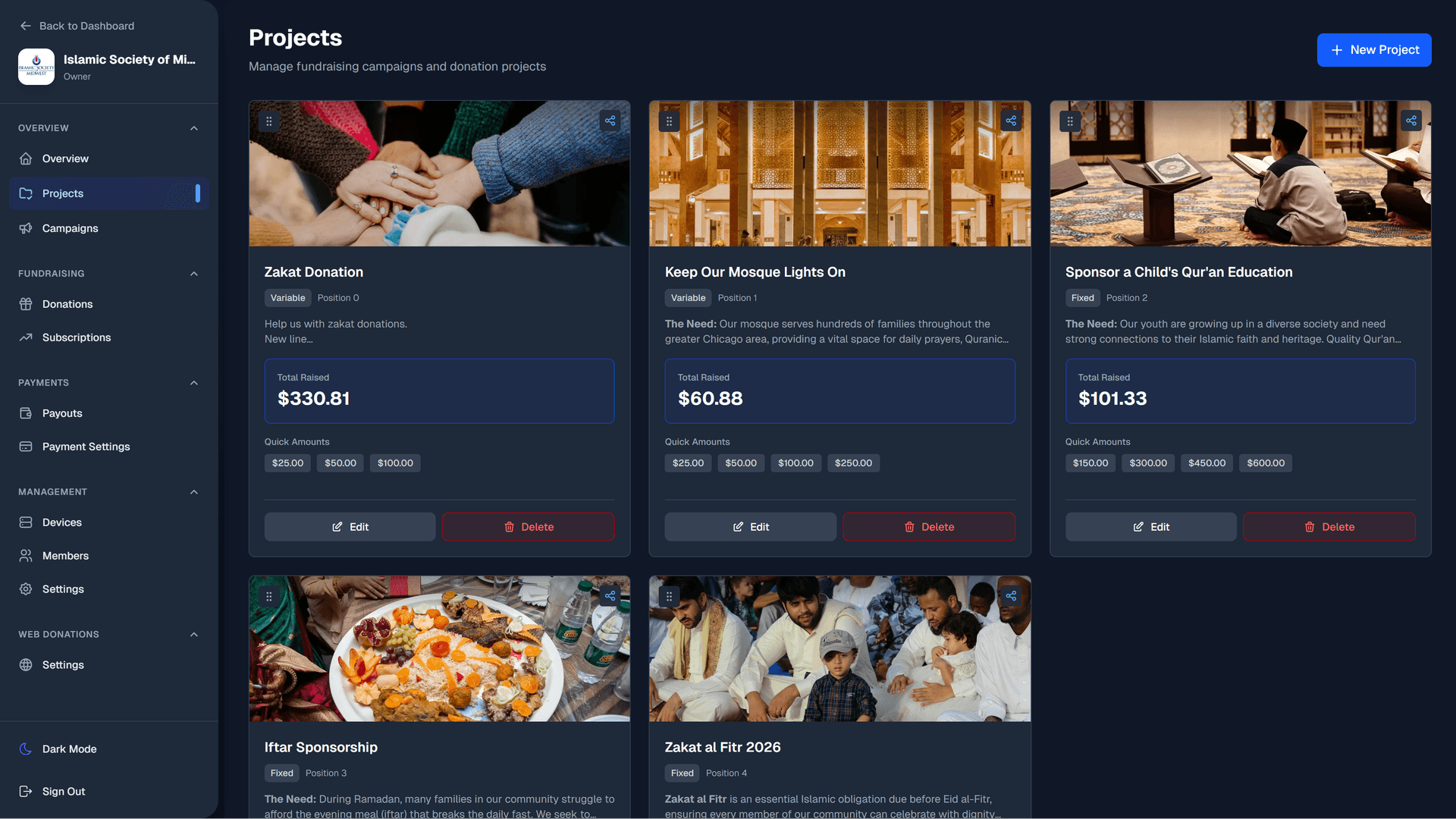 Islamic center donation kiosk and giving dashboard for multiple funds